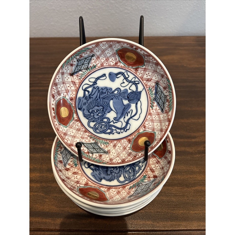 5 Japanese Vintage 5.5 Inch Handpainted Porcelain Dishes Lion Figure Pre-owned